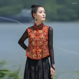 Ethnic Clothing 2024 Women Chinese Style Embroidered Stand-up Sleeveless Collar Vest Vintage Fashion Daily Top G967