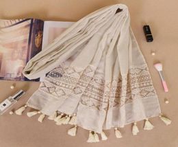 Scarves Selling Tassel Cotton Hijab Scarf Women Solid Colour Lace Shawl Wrap Large Size Pashmina Stole Muslim Female Bufanda7148363