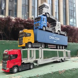 1 50 Alloy Diecast Large Truck Model Car Toy Simulation Container Toy Sound and Light Pull BackTransport Vehicle Model Kid Gifts 240104