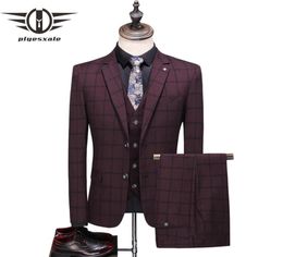 Men039s Suits Blazers Plyesxale Grey Burgundy Navy Blue Plaid Suit Men 2021 Spring Autumn Wedding For Groom Mens Fashion Casu6270924