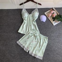 Women's Sleepwear Sexy Pyjamas Set Satin Lace Edge Printed Suspender Shorts Two-Piece Loose Casual Home Clothes Nightwear