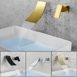 Bathroom Sink Faucets SKOWLL Waterfall Tub Faucet Wall Mount Bathtub Filler Single Handle Vanity Titanium Gold HG-300