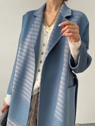 RosEvans Handmade Doublesided Cashmere Water Ripple Coat Spring Short Women Light Blue Belt 100Wool Fashion Jacket 240105