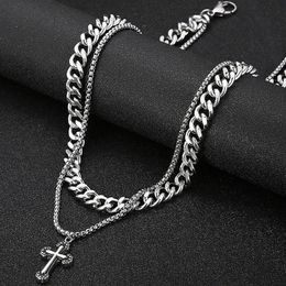 Cross Charm Pendant Necklace For Men Double Layer Stainless Steel Curb Neck Chain Birthday Christmas Gifts For Boyfriend Choker 240104