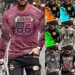 Men's T-Shirts Men's T-Shirt Vintage Print Route 66 Harajuku Graphic 3D T-Shirt Long Sleeve Autumn Casual O Collar Oversized Loose Clothes T240105