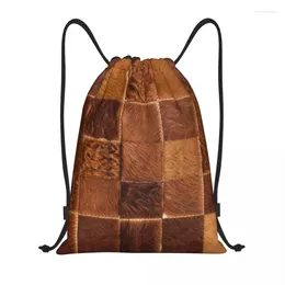 Shopping Bags Brown Chequered Cowhide Patche Drawstring Women Foldable Sports Gym Sackpack Animal Fur Leather Texture Backpacks