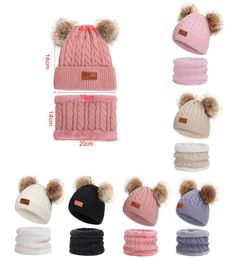 Girl Pompon Hats Scarves Sets Winter Knitted Warm Nature Fur Pom Hat Scarf Thick Beanies Caps Kids Baby Solid Bones4865476