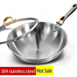Pans 32cm Fume-free Non-stick Pan Wok 304 Stainless Steel Frying With Glass Cover Household Uncoated Cooker Gas Suitable