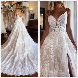 2024 Ivory A Line Wedding Dresses Spaghetti Straps Illusion Lace Appliques Beads Bridal Gowns Plus Size Sweep Train Vestido De Novia Side Split Open Back 0424