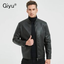 Giyu Artificial Jacket Men FallWinter Casual Lapel Male Motorcycle PU Zipper Stand Windproof Coat y240105