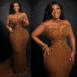 Luxurious Sparkling Aso Ebi Prom Dresses for Special Occasions High Neck Long Sleeves Lace Beaded Elegant Evening Dresses for Black Women Birthday Party Dress NL348