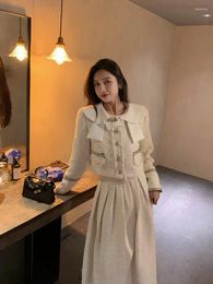 Two Piece Dress 2024 Autumn And Winter Gold-tone Jacquard Large Collar Sequined Women's Suit Jacket Long Pleated Skirt Set Feminine