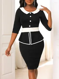 Casual Dresses 2024 Autumn Fashionable Black And White Patchwork Three Quarter Sleeve Collar Women's Midi Dress Pencil Skirt