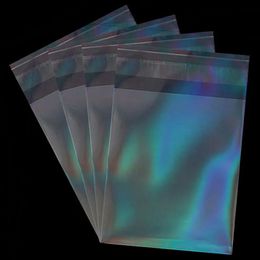 Display 50pcs Holographic Laser Self Adhesive Bag Aurora Colour Transparent Packaging for Handmade Jewellery Badge Gift Package Storage Bag
