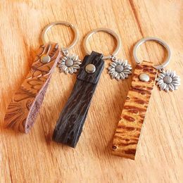 Keychains Car Key Chain Accessories Unix Emboss Textured Retro Metal Sun Flower Trendy Bohemia Casual Originality Leather