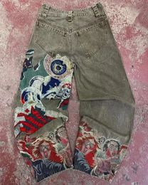 Y2K Hip Hop Punk Embroidery Printed Baggy Jeans Men Heavy Craftsmanship Retro Style Wide Leg Pants Goth Ripped 240104