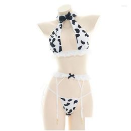 Bras Sets Sexy Cow Cosplay Costumes For Women Kawaii Cute Erotic Gothic Lingerie Set Bikini Bra Panty Garter Halloween Outfit Drop D Dhbwc