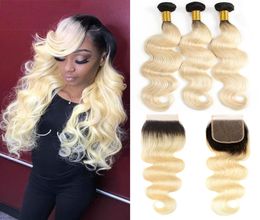 Two Tone 1B613 Ombre Blonde Dark Roots Brazilian Body Wave Human Hair Weave Bundles With 4x4 Part Top Closure Hair Extension8861936