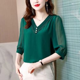 Women's Blouses Summer Office Lady Printing Solid Colour Chiffon Pullover V-neck 3/4 Sleeve Blouse Ladies Fashion Lace Shirts Women Clothing