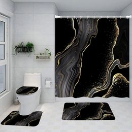 Abstract Marble Shower Curtain Set Gold Lines Black Grey Pattern Modern Luxury Home Bathroom Decor Nonslip Rug Toilet Lid Cover 240105