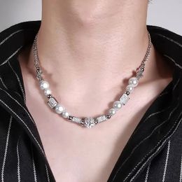 Stainless Steel Zircon Skull Cross Reflective Pearl Necklace Men Choker Trend Men's Neck Chain Fashion Party Jewellery 240104