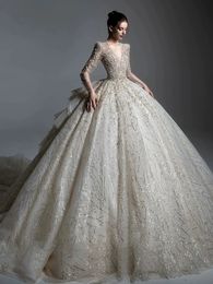 Elegant bling Ball Gown Lace Wedding Dresses new Sexy Backless long sleeves Arabic Luxury Bridal Gowns Ruched Puffy Tulle sweep train garden Wedding Dress Vestido