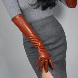 Women039s fashion sexy slim faux pu leather glove lady039s club performance formal party leather long brown glove 50cm R20444939813