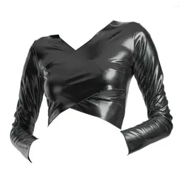 Women's Blouses Glossy Performance Top V Neck Faux Leather Pullover Blouse For Women Slim Fit Dance With Long Sleeve Breathable