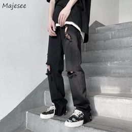 Summer Ripped Jeans Men Straight Distressed Denim Trousers Teens Retro Korean Style Fur-line Hole Street Wear Oversize S-3XL BF 240104