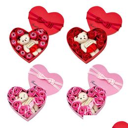 Party Favor Valentines Day Rose Gift Box Party Favor 10 Soap Flower Bear Bouquet Wedding Decoration Gifts Holiday Romantic Heart Shape Dhft9