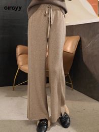 Women's Pants Circyy Knitted Women Autumn Winter High Waist Ankle-Length Slit Cut Wide Leg Pant Drawstring Lace Up Solid Casual Trousers