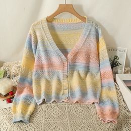 HELIAR Women Single-breasted Cardigan Sweater V-Neck Knit Casual Sweater Coat Rainbow Sweet Sweater For Women Fall Winter 240104