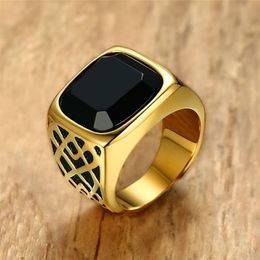 Men Square Black Carnelian Semi-Precious Stone Signet Ring in Gold Tone Stainless Steel for Male Jewellery Anillos Accessories293l