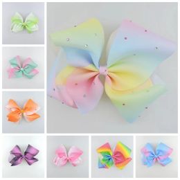 20pcs Jewelled Pastel flora ombre ribbon 18cm jojo big Signature hair bows Alligator clips crystal Rainbow Rhinestone Accessory BJ