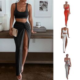 Two Piece Set Casual Long Skirt Summer Woman High Split Sexy Fashion Dress Suits Party Dress Cropped Dresses 2 Pieces Clothes S-XL