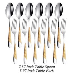 6 Pieces Dinner Spoon Set Hammered Handle Mirror Partial Gold Plated Stainless Steel 304 Dessert Table Dinning Spoons Forks 240105