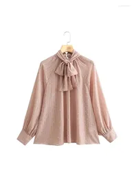 Women's Blouses Womens Fashion Dot Fluff Solid Long Tops Spring Elegant Bow Collar Sleeve Ladies Loose Chiffon Blouse