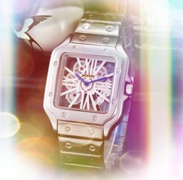 Hollow Transparent Square Roman Dial Automatic Date Men Watches Full Stainless Steel Case Quartz Movement Clock Tank Series Wristwatch Orologio Di Lusso Gifts