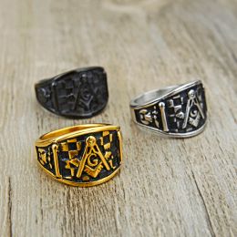 Mens Freemason Ring Masonic Symbol Mason Ring for Man Women 14K Gold Two Tone Biker Rings Jewelry