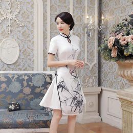 Clothing New Summer Sexy White Satin Chinese National QiPao Vietnam Ao Dai Dress Lady' s Short Sleeve Print Tight Short Dress S2XL AD4A