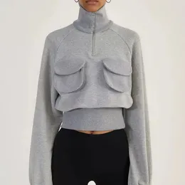 Women's Hoodies Sweatshirt Sudaderas Con Capucha Gray Long Sleeve Cropped Tops With Pocket Elegant Fashion Inszar Solid Y2k 2024
