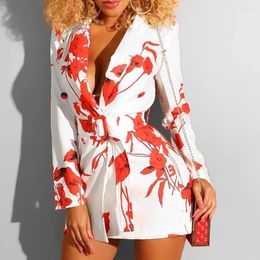 Casual Dresses V Neck Floral Print For Women 2024 Plus Size Button Long Sleeve Belt Suit Ladies Birthday Night Club Outfits