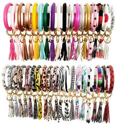 Multiple Styles Sun FlowerFlag Pattern Leather Wrap Tassels Bracelets Keychain Wristlet Bracelet Tassel Keychain Round Bangle Key6119362