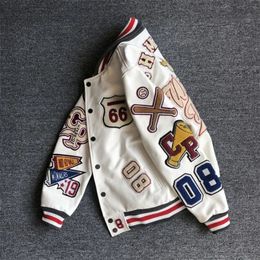 Men's spring and autumn baseball uniform Y2K retro trend leather jacket heavy industry embroidery white short coat ins 240105