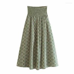 Skirts Europe And America Summer Women's 2024 Casual Lastic Waist Green Floral Bustier Skirt Loose Sexy Elegant Long