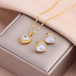 Pendant Necklaces Sparkly Sweet Zircon Love Heart Earrings For Women Female Daily Wear Stainless Steel Jewelry Set Wholesale