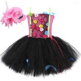 Girl Dresses Pink Black Flowers Tutu Dress For Girls Birthday Halloween Costumes Outfit Kids Fancy Princess With Hat Hairpin