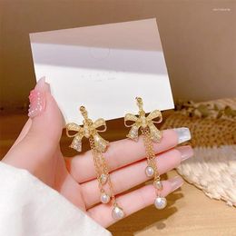 Dangle Earrings Europe And The United States S925 Silver Needle Retro Pearl Bow Female French Ins Cold Wind Long Tassel