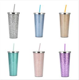 Fashion Glitter Cup 710ml 24oz Plastic Double Wall Tumbler Cup With Straw With Flat Lid Coffee Mugs Christmas Gifts 240104
