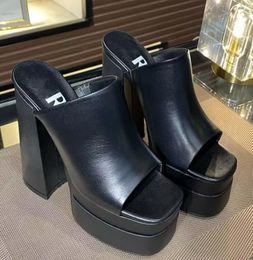 designer shoes Luxury sandal slipper Femal Peep toe Chunky heel Real leather High Heels Shoes